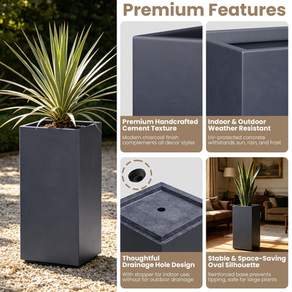 Kante 19.9" H Charcoal Concrete Planter, Tall Modern Rectangular Plant Pot with Drainage Hole & Rubber Plug, Crack-Resistant Lightweight Square Container for Indoor Outdoor Home Garden Patio