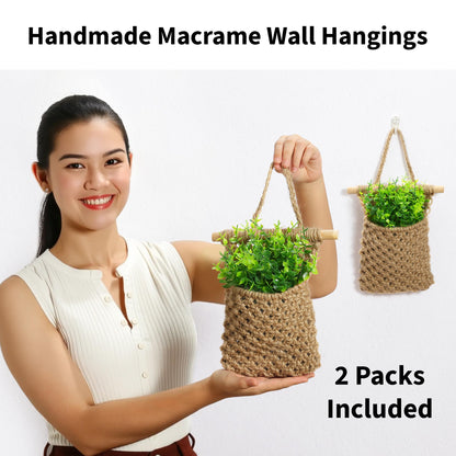 Shineloha 2 Packs Macrame Wall Planters with Artificial Eucalyptus | Macrame Plant Hanger, Wall Plant Holders for Boho, Bathroom, Bedroom & Wall Hanging Decor (2 Packs, Brown)