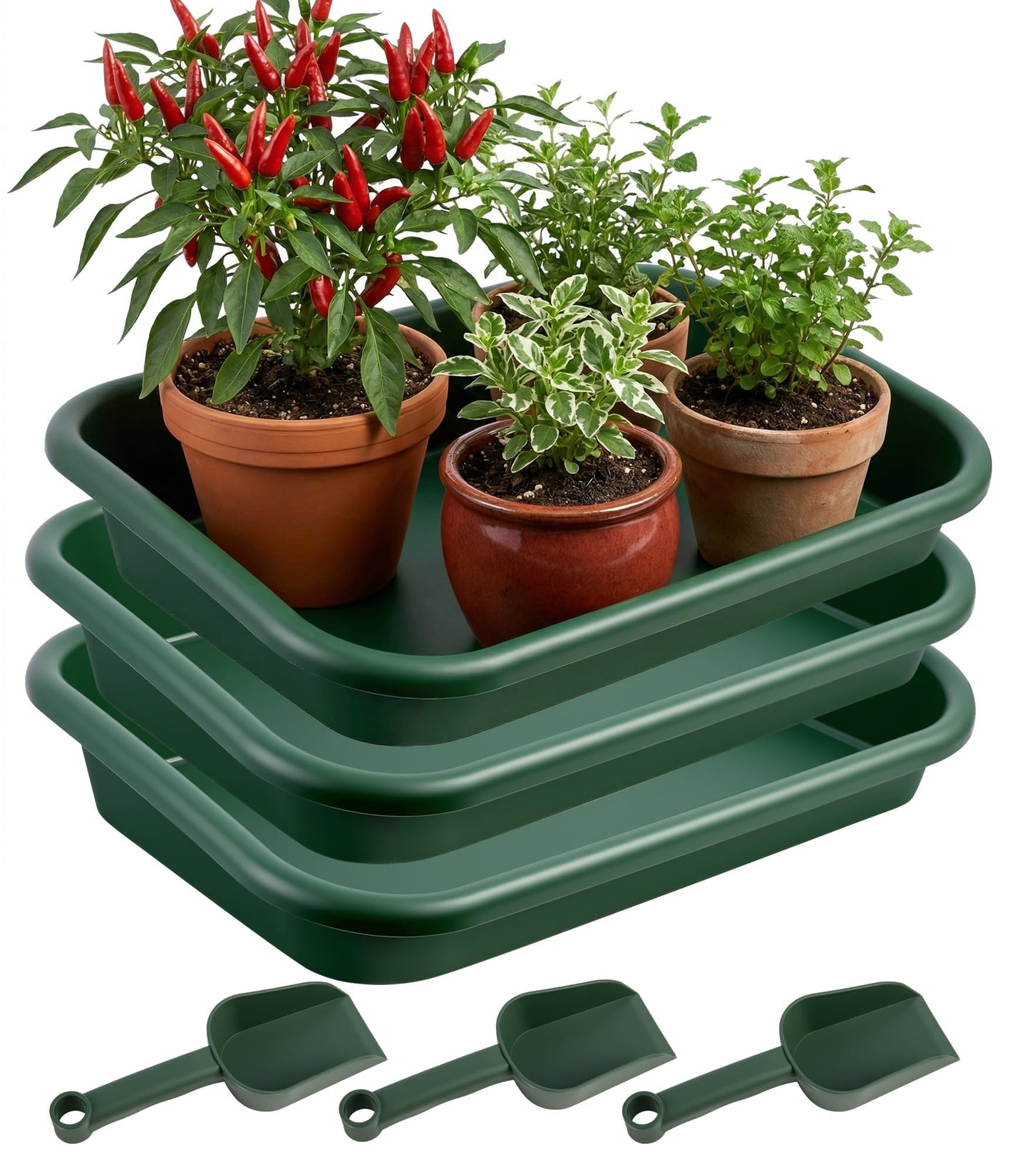 3 Set Garden Potting Tray with Scoops, Large Tidy Tray for Repotting, Seeding & Soil Mixing, All-in-One Durable Gardening Tidy Tray for Indoor Plants, Succulents, Cactus – 23x13.6x4.5 Inch, Green