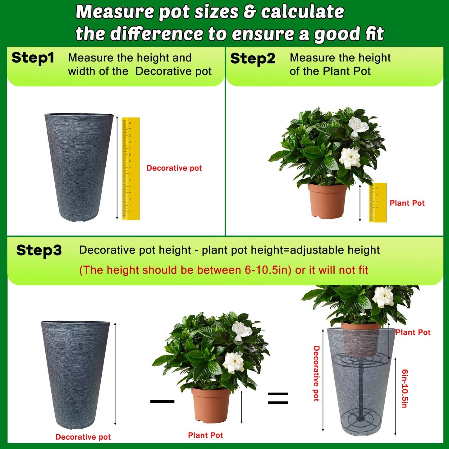 VICAMB 2 Pack Adjustable 6-10.5in Plant Risers for Inside Pots,Metal Planter Lift Inserts Fillers Risers for Tall Square Round Taper Large Pots(5.9" 7.87" 9.84" Base or Top)