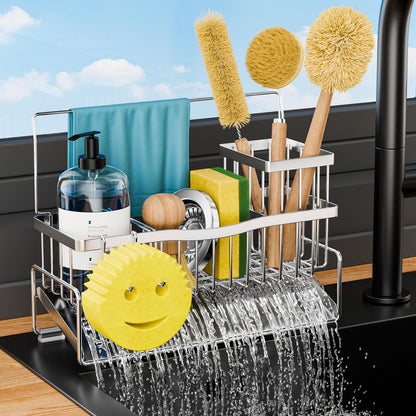 Adurei Sponge Holder for Kitchen Sink 304 Stainless Steel Self-Draining Sink Caddy with Smiley Face Sponge and Brush Holder Towel Bar and Divider Kitchen Gadgets Organizer for Countertop, Silver