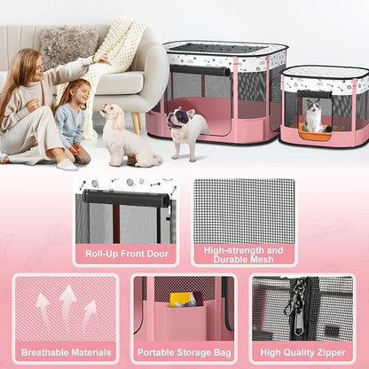 Portable Cat Playpen with litter box area, Foldable Pet Dog Playpen, for Kitten Puppy Play Pen Indoor/Outdoor, Cats Enclosure Cages Tent with Carrying Case, 600D Oxford 8-Rods, 32"x24"x22", Pink