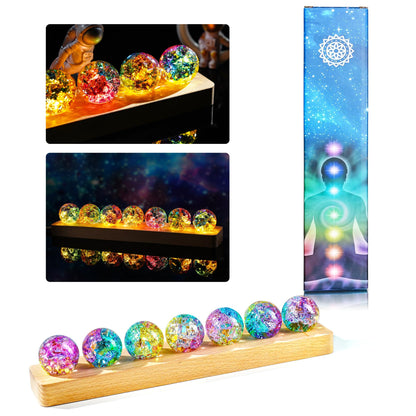 LOULIQIGIFT Set of 7 Crystal Balls Night Light Decor Healing Spheres with LED Wooden Stand for Meditation Energy Balancing Home Office Mother's Day Decoration Gifts for Women