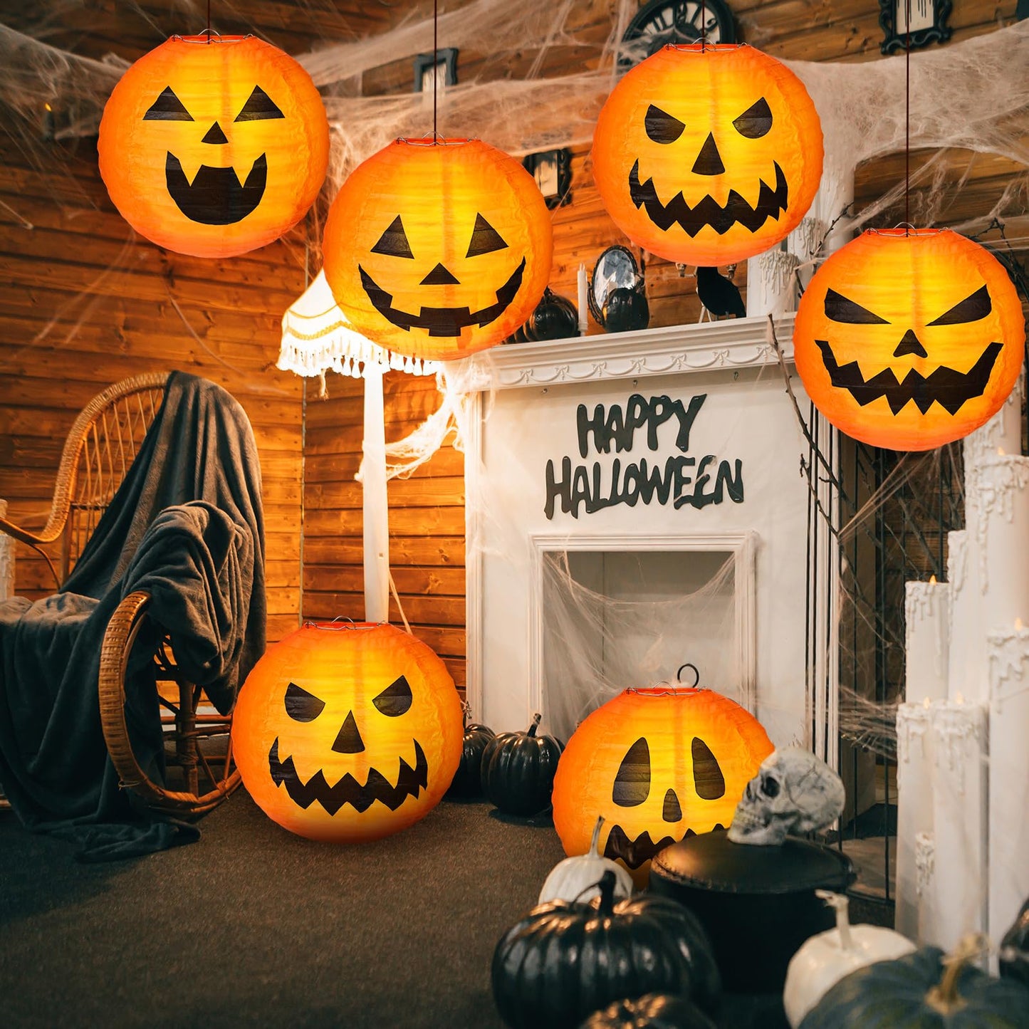 Retisee 20 Pcs 8 Inch Halloween Pumpkin Paper Lantern Halloween Jack O Lantern Paper Lantern Orange Pumpkin Lantern for Halloween Party Halloween Pumpkin Hanging Paper Lantern for Indoor Outdoor Decor