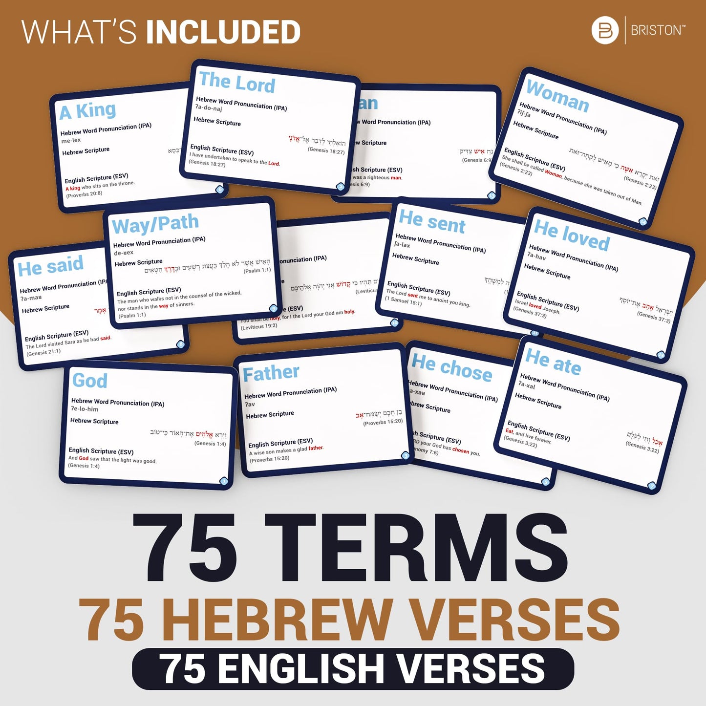 Briston Biblical Hebrew Terms Flashcards – 75 Hebrew Words with English & Scripture Verses – Audio Pronunciations Included – Learn Biblical Hebrew Language & Study Old Testament Vocabulary