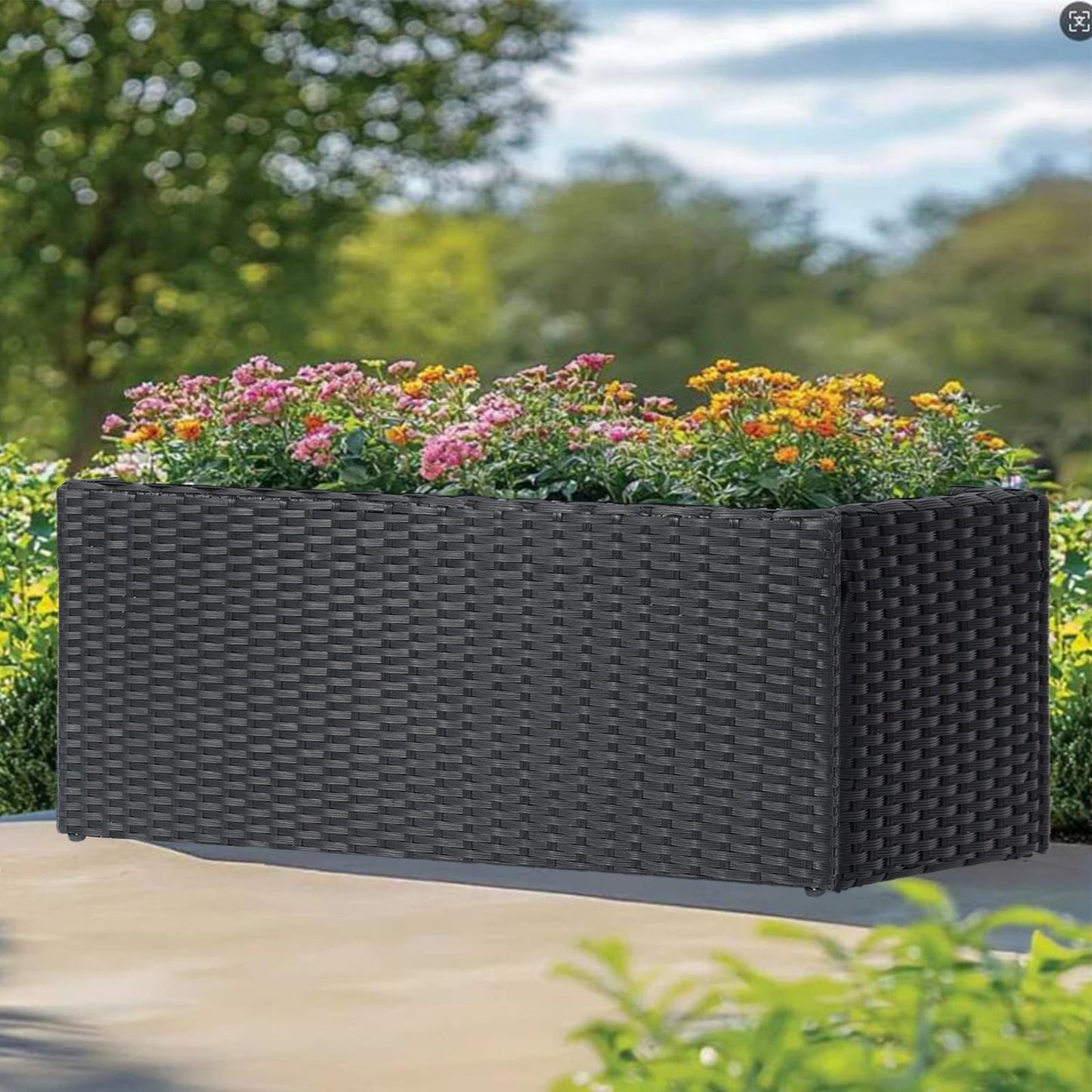 SUNNYPARK Black Rectangular Planter Box All-Weather PE Rattan Large Modern Planters with Removable Liner Indoor Outdoor Decorative Flower Pot for Patio, Balcony, Garden