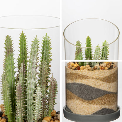 GnFlus Artificial Succulent in Cylindrical Glass Vase Fake Cactus Plant with Modern Glass Terrarium for Home Decor Farmhouse Hostess Gift