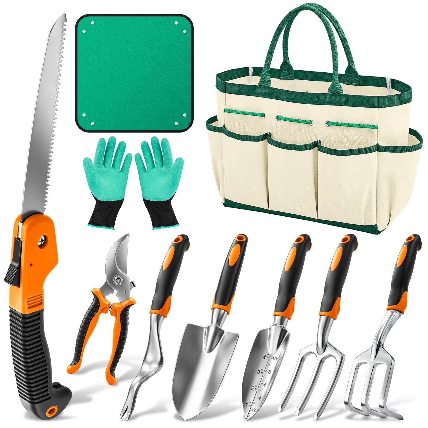 Garden Tool Set Gardening Tools - Heavy Duty Aluminum Tool Kit with Non-Slip Handle, Gardening Gloves and Tool Bag for Weeding, Planting and Pruning, Gifts for Women Mom (Orange Set)