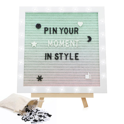 Gradient Felt Letter Board with LED Lights - 10 ×10" Custom Message Board with Changeable Letters & Stand, First Day of School Sign/Graduation/Pregnancy/Baby Announcement/Wedding/Classroom Decor