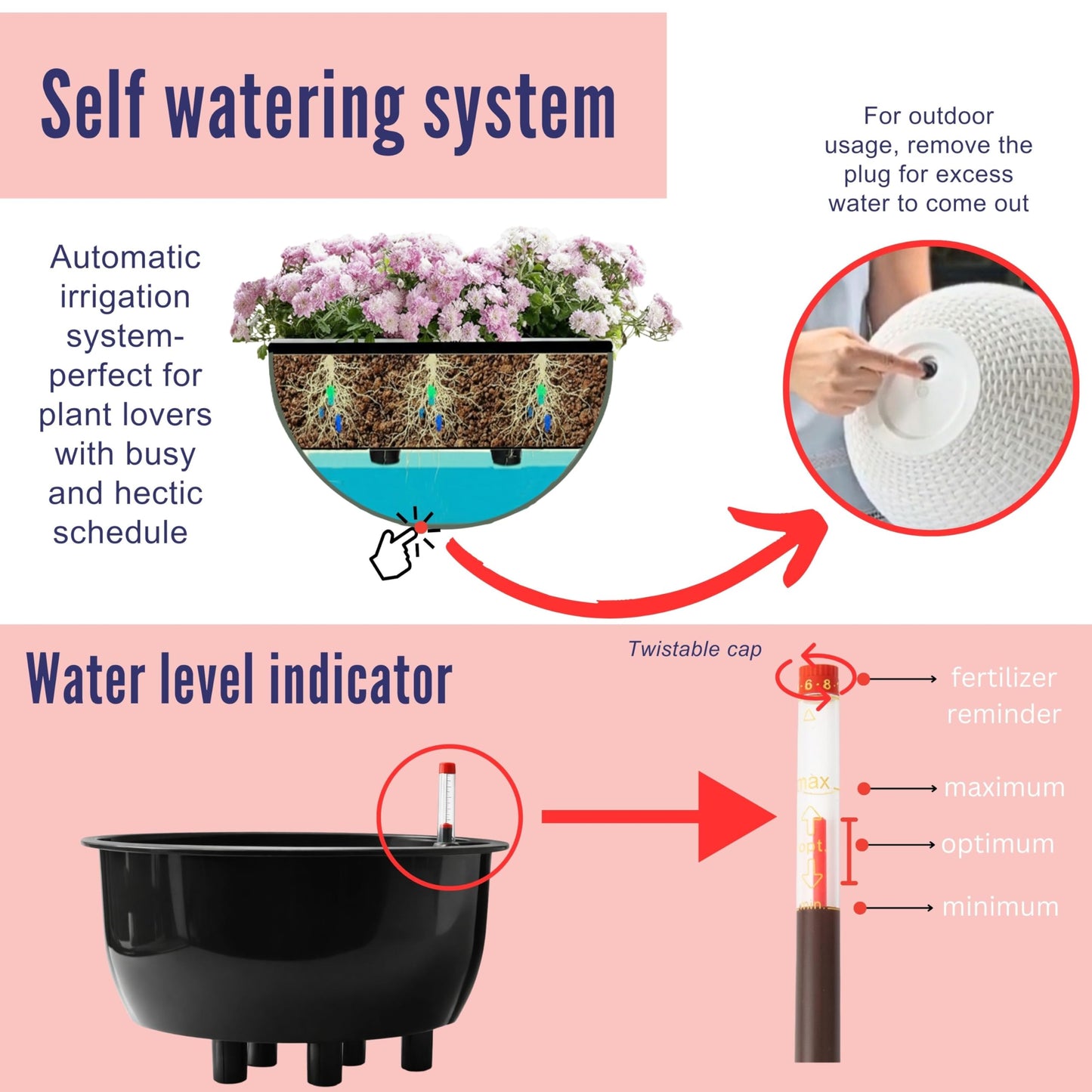 LaLaGreen Bundle- 4 Pack, 11 Inch Self Watering Hanging Basket + 2 Pack, 14 Inch White Rectangular Planter Window Flower Box with Bracket Round Plant Pots Outdoor Balcony Patio Porch Deck Garden Decor
