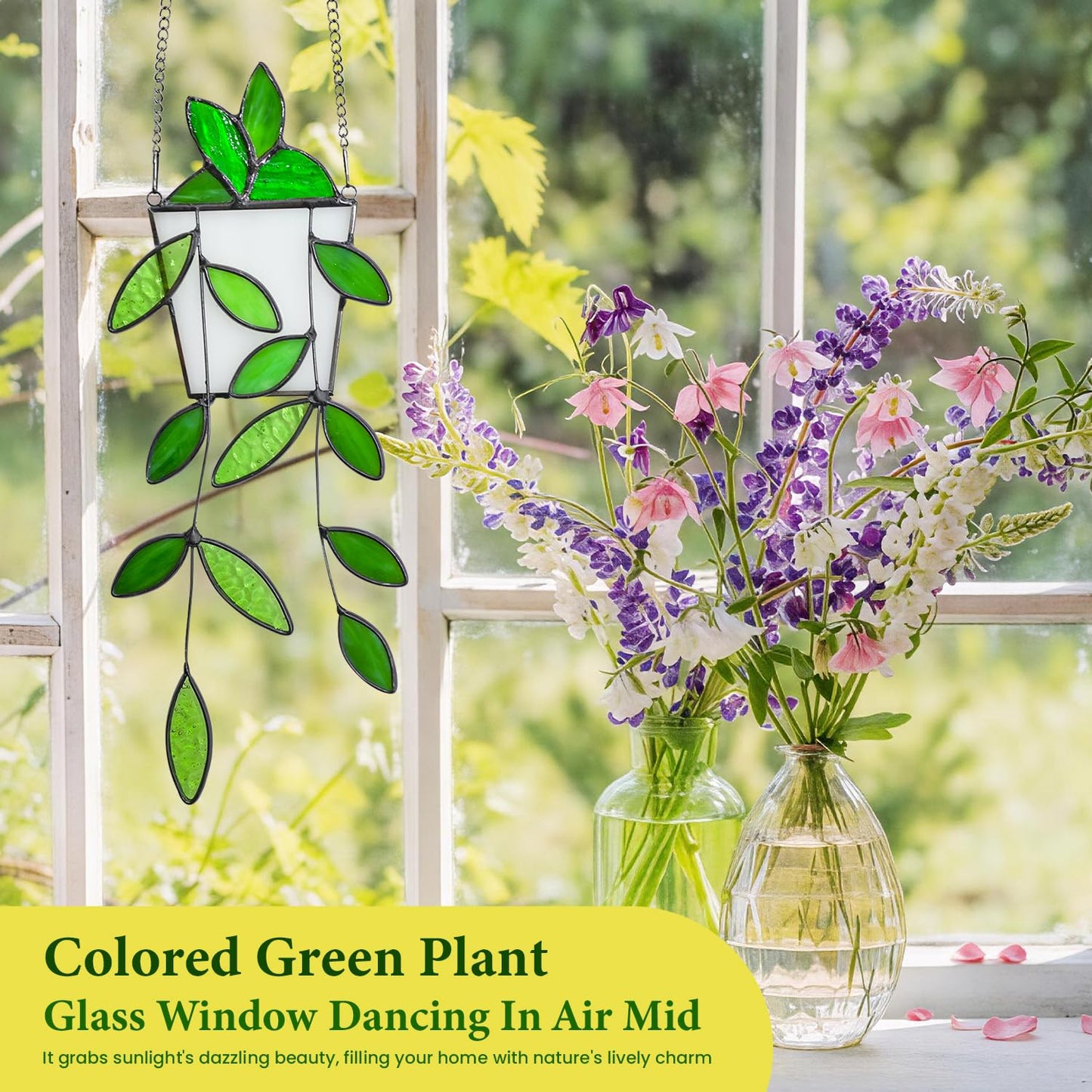 Fake Hanging Plants Greenery Stained Glass Plant Window Hanging Handmade Green Leaf Suncatcher Faux Plant Stained Glass Panel with Chain Sun Catcher Gift for Women Mom Grandma Plant Lovers Home Decor