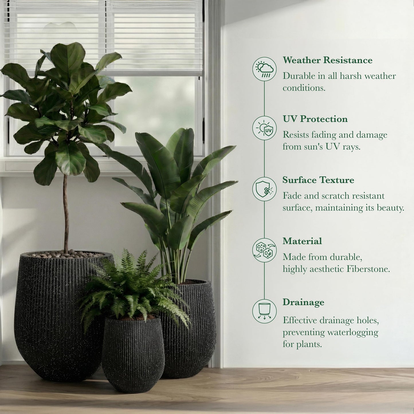 DTY Premium Mt Wilson Tall Tapered Fiberstone Planter for Indoor Outdoor Use, Modern Large Olive Tree Pot with Drainage Hole, 2 Coco Mats. Ribbed Black, Medium 15'' D x 16.7” H. 11.2” Pot Opening