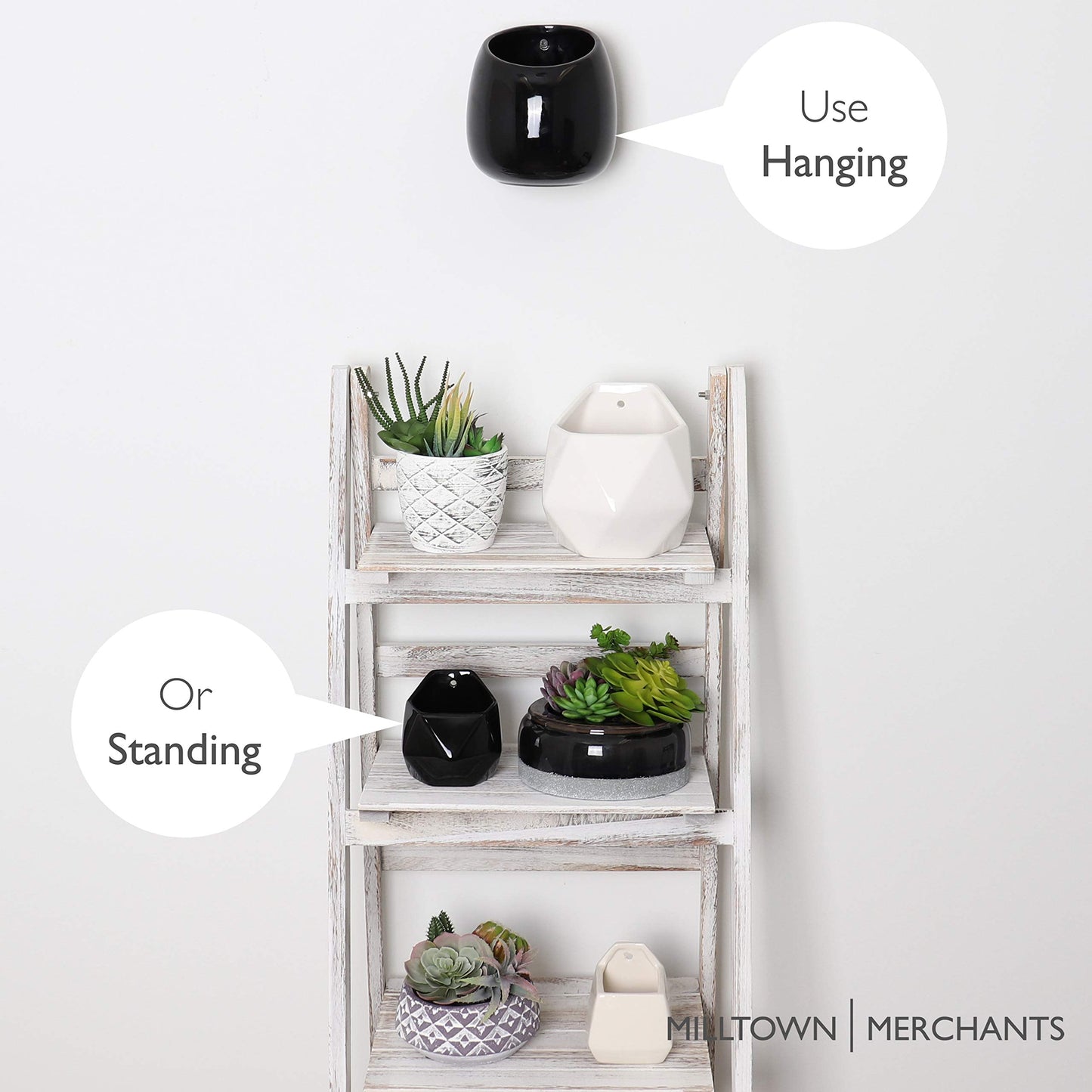 Milltown Merchants Succulent Wall Planters - Wall Vases - White Ceramic Wall Mounted Planters - Succulent Plant Pots - Hanging Vases for Living Wall (2 Pack/Modern/Black)