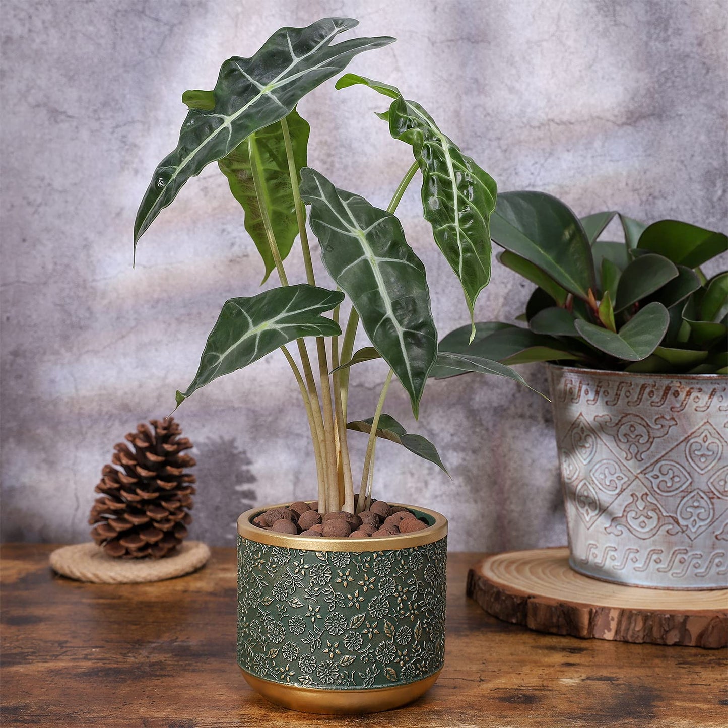 Ten-stone 6 +4.4 Inch Cement Planter Decorative Pots with Drainage Hole for All House Plants, Succulents, Flowers, and Cactus (Green)