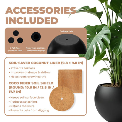 DEPLA LANE Marlo Fiberstone Round Planter (8.5" Pot Opening x 12.6" D x 9.8" H) Smooth Finishes, Lightweight, Durable, UV Resistant, Modern Minimalist Home Decor, Indoor Outdoor Plant Pot (S, Black)