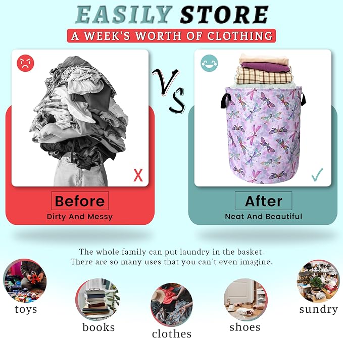 Watercolor Dragonfly Laundry Basket Foldable With Handles Tote Bag Oxford Cloth Colorful Laundry Hamper Clothes Storage Bucket Toy Organizer 18.9"x16.5" For Bathroom/Laundry/Bedroom
