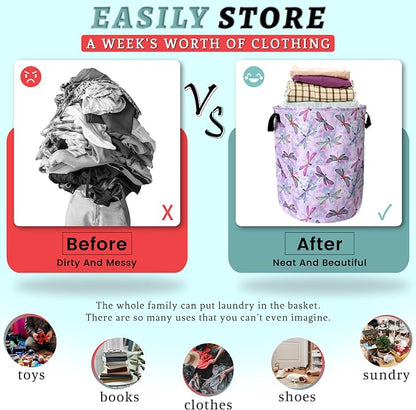 Watercolor Dragonfly Laundry Basket Foldable With Handles Tote Bag Oxford Cloth Colorful Laundry Hamper Clothes Storage Bucket Toy Organizer 18.9"x16.5" For Bathroom/Laundry/Bedroom