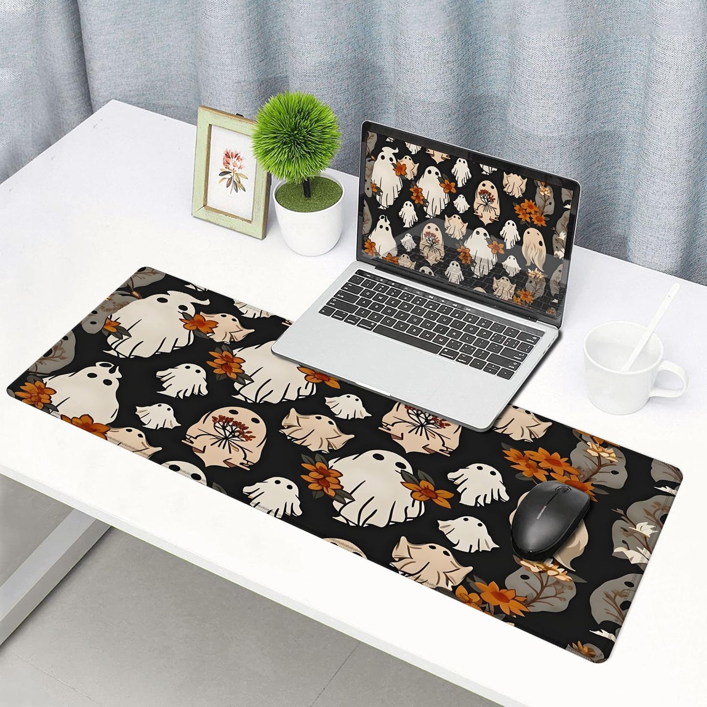 Large Gaming Mouse pad,Halloween Ghost Flowers Cute Anti Slip Rubber Base Mouse pad, Suitable for Computer, Laptop, Office Desk Accessories