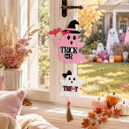 Valery Madelyn Pink Halloween Decorations, Cute Halloween Door Wreath Decorations, Ghost with Witch Hat Wooden Hanging Sign for Wall Window Door Handle, 22 inch