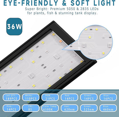 24/7 Mode LED Aquarium Light for 45-54 Inch Plant & Fish Tank, IP68 Full Spectrum Light, Sunrise-Daylight-Moonlight, White Red Green Blue Pink LEDs with Extendable Brackets for Freshwater