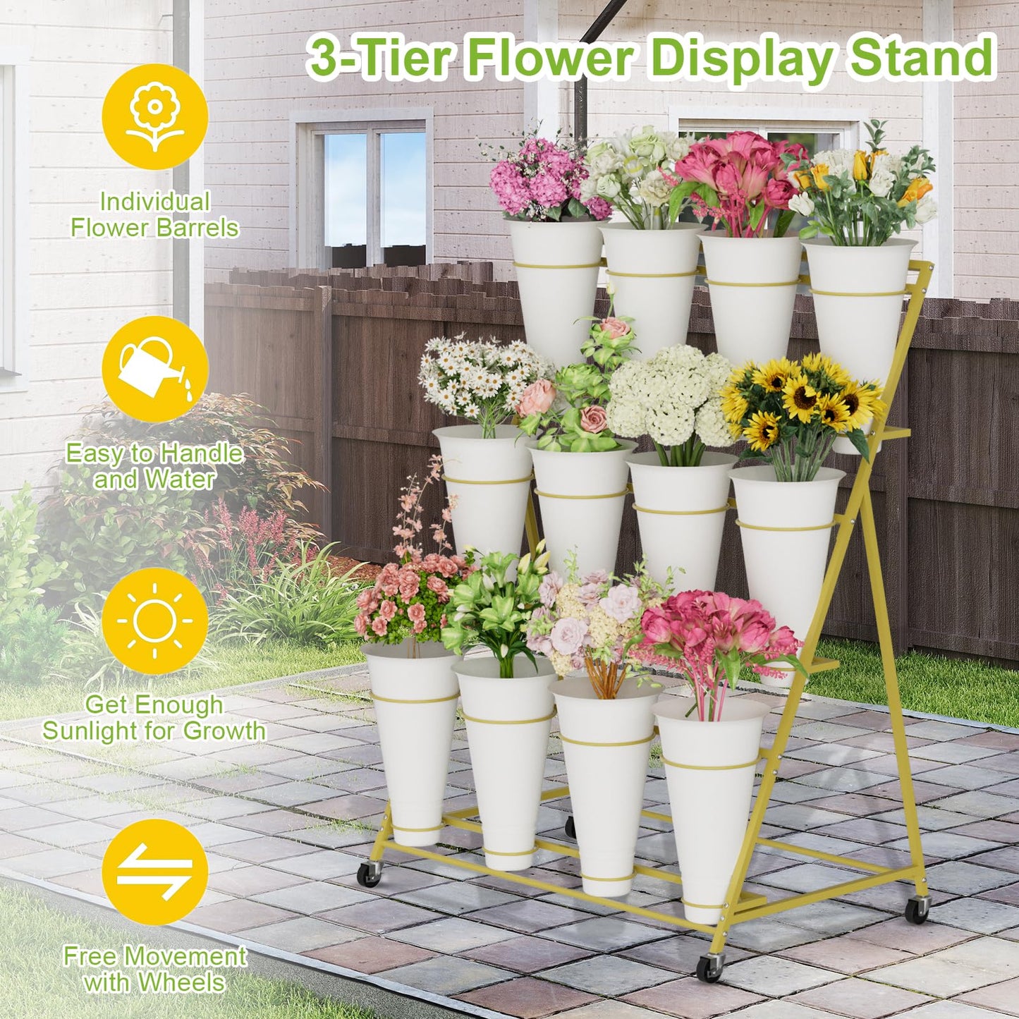NEYCIL Flower Stand, 3 Tier Flower Display Stand with 12 Buckets, Upgrade Double Circle No Shaking, Outdoor Flower Cart with Wheels for Patio, Garden, Shop, Wedding, Party, Exhibition, Indoor, Gold