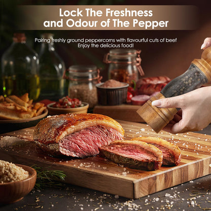 Foyucool Wooden Salt and Pepper Grinder Set with Wooden Tray and Spoon, 8 Inch Manual Salt and Pepper Mill, Adjustable Coarseness, Refillable with Ceramic Core for Spices, Clear Acrylic Chamber