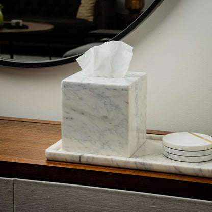 Cork & Mill Marble Tissue Box Cover for Kleenex and More, Decorative Cube Style Holder, Large Square Facial Tissue Dispenser Container for Home, Real Solid White Marble Bathroom Accessory