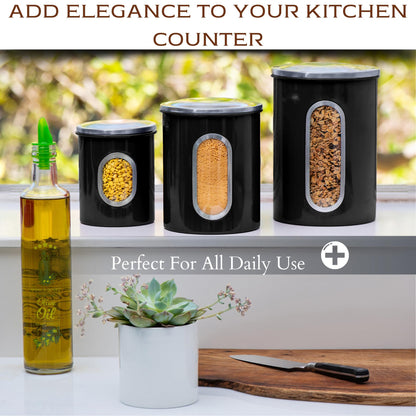 Moss & Stone 3-Piece Black Canisters Sets For The Kitchen, Airtight Canister Set With See Through Window, Storage Jars for Coffee Container, Tea Organizer & Sugar Canister, Black Kitchen Canisters
