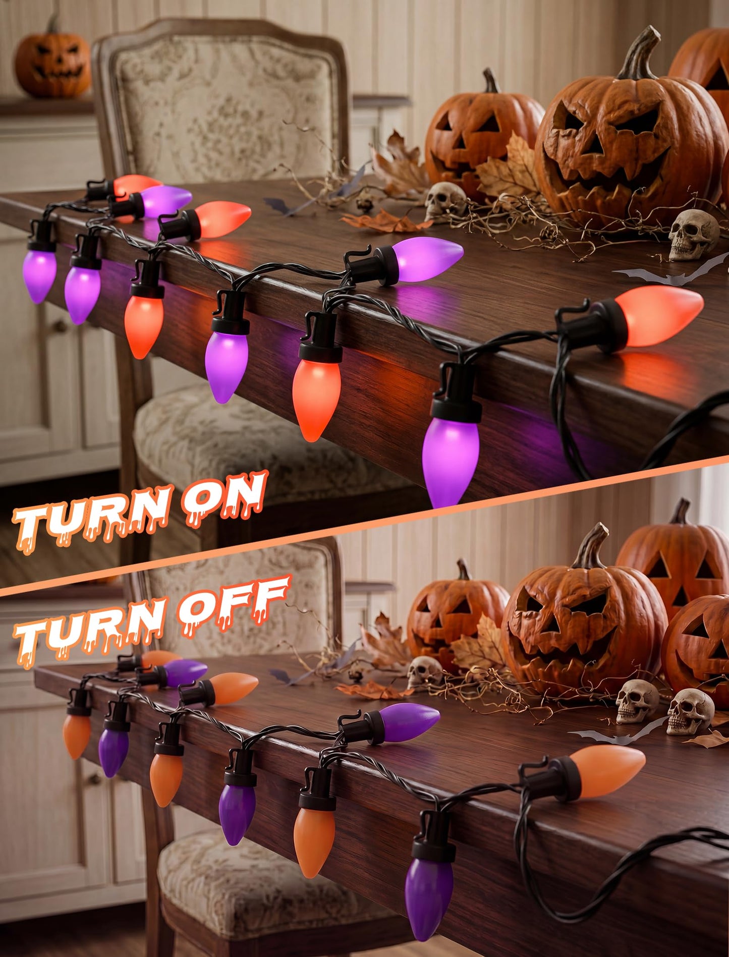 Romasaty Purple and Orange Halloween Lights, 26FT 50 Count Halloween C7 LED String Lights for Indoor/Outdoor Use, Purple Orange Lights for Patio Home Party Garden Yard-Black Wire