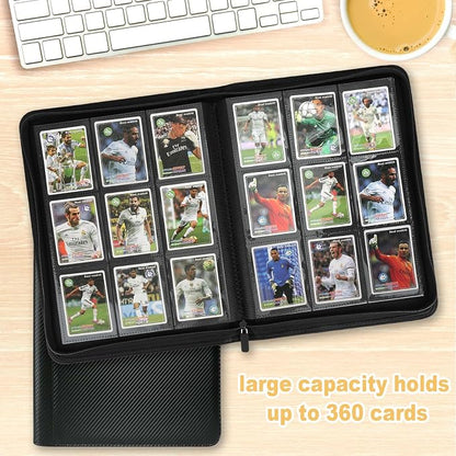 360 Cards Ringless 9-Pocket Side Loading Trading Card Binder, PU Zipper Fixed Page Card Album for TCG Sports Cards, Not Fit Top Loaders (Carbon Black)