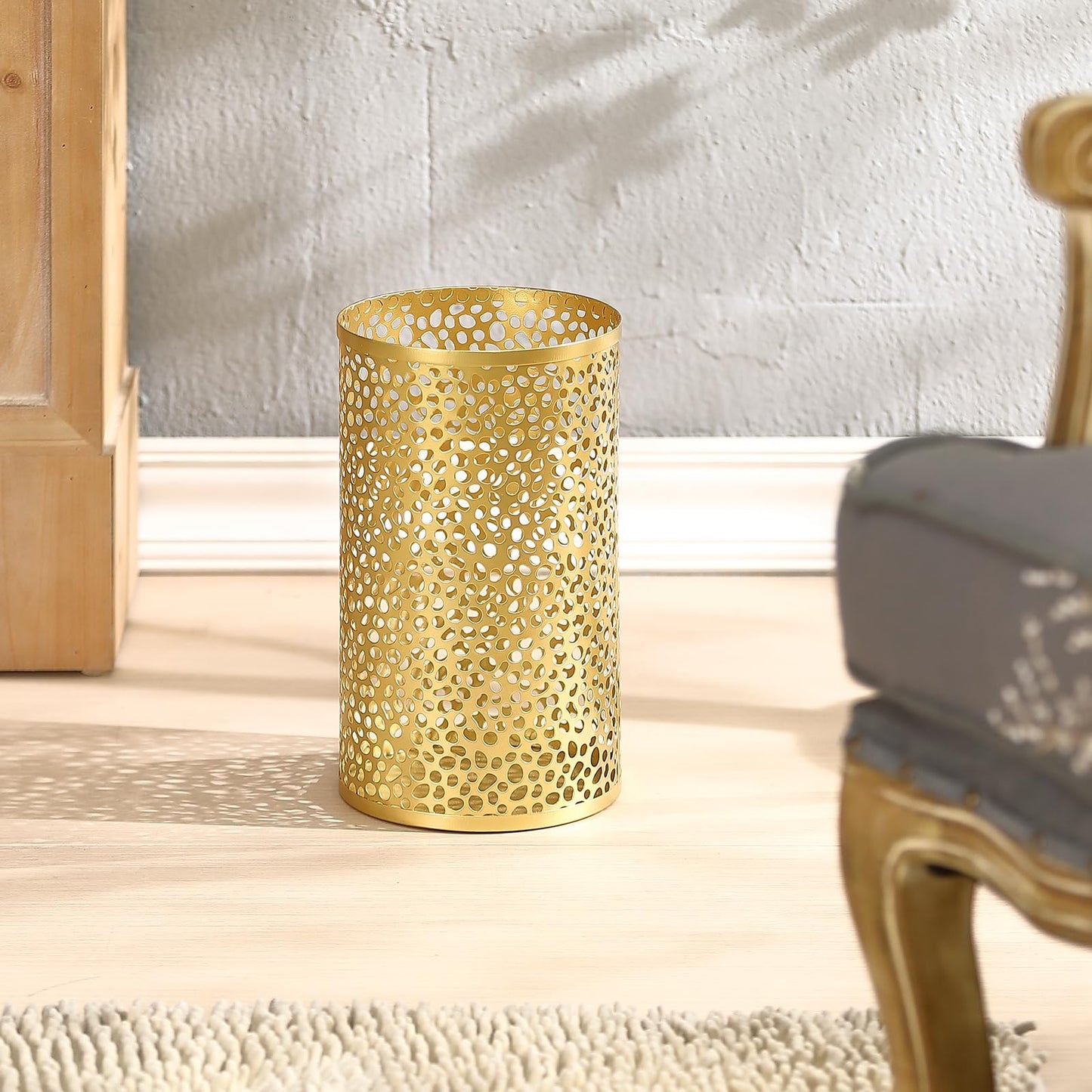TICKCACY Metal Gold Trash Can, Modern Gold Garbage Can for Office, Cylindrical Metal Waste Basket for Bathroom Bedroom, 7" D x 12" H