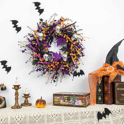LLZLL Halloween Wreaths for Front Door 22 Inch Halloween Wreath Artificial Skull Wreath with Maple Leaves and Berries for Gothic Decoration