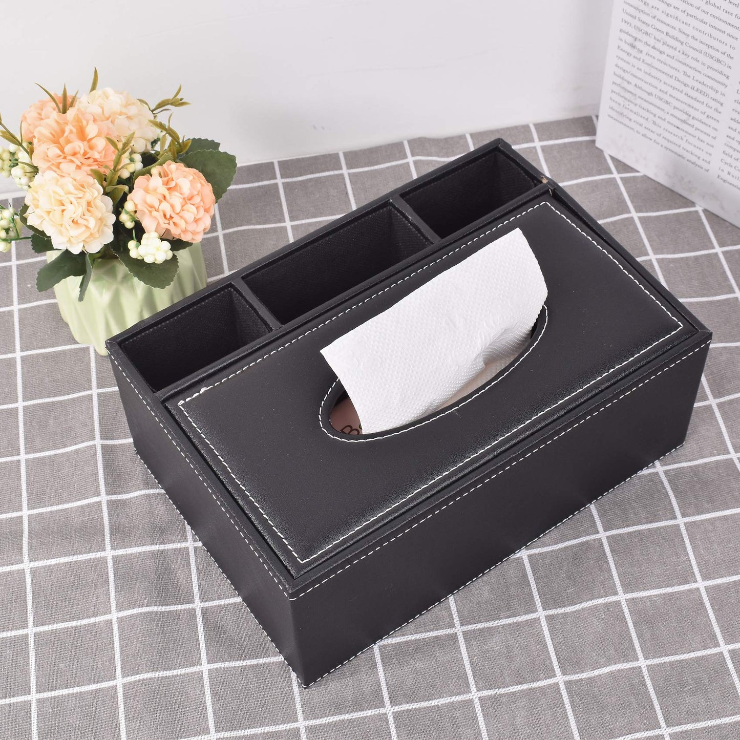 PU Leather Tissue Box Cover, Multifunctional Kleenex Box Covers Rectangular, Desktop Napkin Remote Control Holder, 3 Storage Grids Desk Organizer (Black)