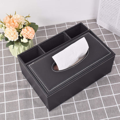 PU Leather Tissue Box Cover, Multifunctional Kleenex Box Covers Rectangular, Desktop Napkin Remote Control Holder, 3 Storage Grids Desk Organizer (Black)