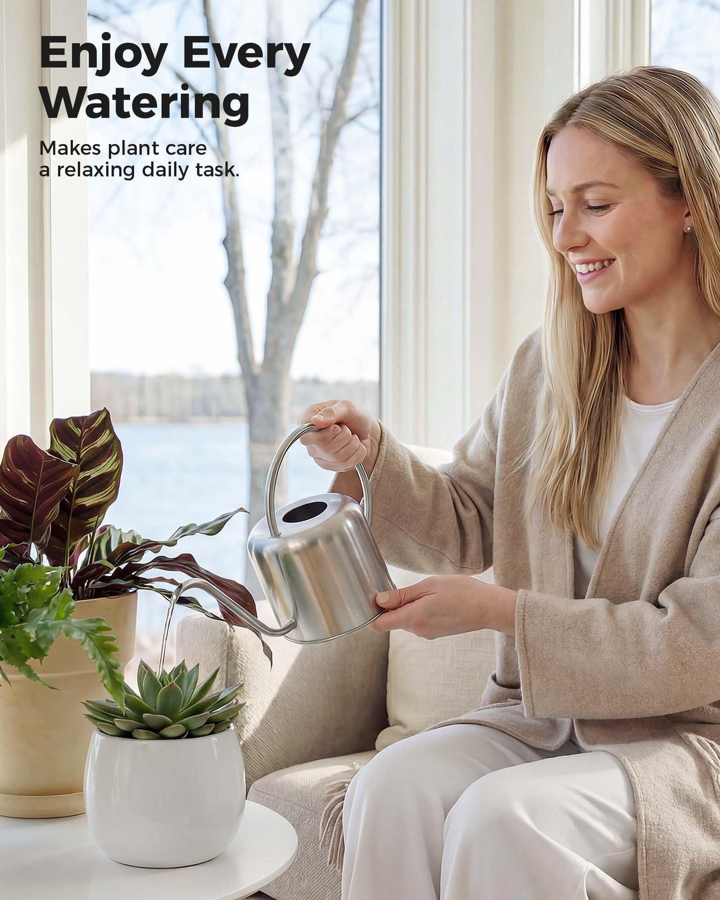 Bamworld Metal Watering Can for Indoor Outdoor Plant 1L/35oz Silver Stainless Steel Watering Can with Long Spout for House Potted Plants Succulents Bonsai Garden Flowers