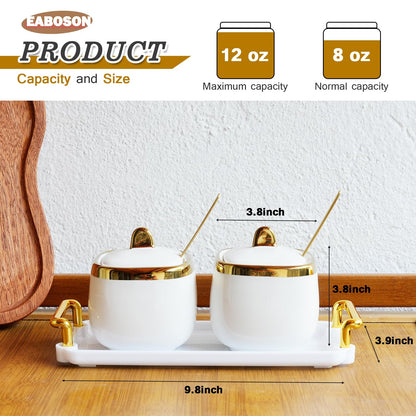 EABOSON Ceramic Sugar Bowl 2 Pack, Porcelain Seasoning Jar with Tray, Spoon and Lid for Sugar, Pepper, Coffee, Spice, Salt (Gold)