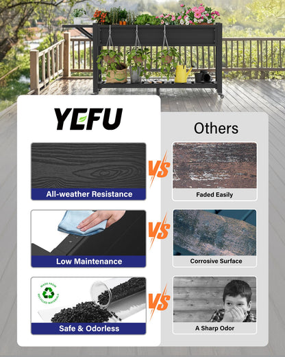 YEFU Raised Garden Bed with Legs: 57x18x30in Weight Capacity 400lb - Waterproof Raised Planter Box with Wheels - Elevated Garden Bed with Storage Shelf - Weather Resistant - for Deck/Patio/Porch/Black