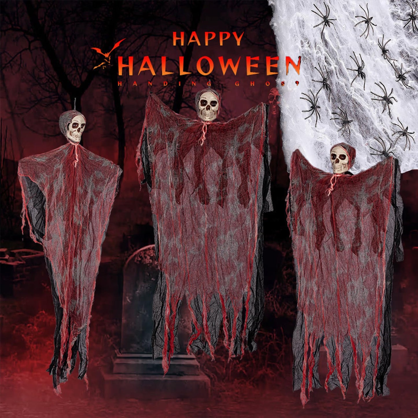 43" Halloween Hanging Ghost Decorations Outdoor with Spider Web&20 Spiders, Halloween Scary Flying Skeleton Ghost Decor for Haunted House Party Outside Indoor