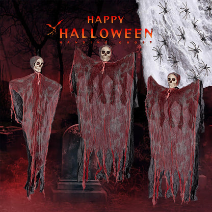 43" Halloween Hanging Ghost Decorations Outdoor with Spider Web&20 Spiders, Halloween Scary Flying Skeleton Ghost Decor for Haunted House Party Outside Indoor