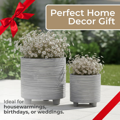 Set of 2 Footed Planters with Ridged Lines Accent – Ceramic Stoneware Outdoor & Indoor Plant Pot – Modern Garden & Home Decor Ceramic Planters – Stylish Pot for Plants – 6" & 8", Gray