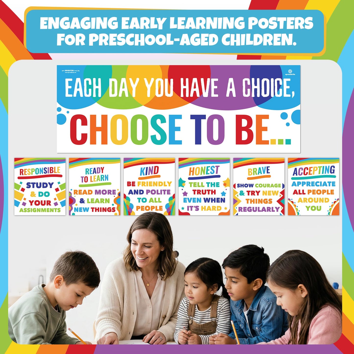 Sproutbrite 7 Educational Posters & Charts - 1 Big Banner 13.5" x 39" and 6 Smaller 12" x 13.5" - Kindness Posters – Motivational Chart and Wall Decor for Pre, Elementary and Middle School - Encourages Positive Choices and Character Development