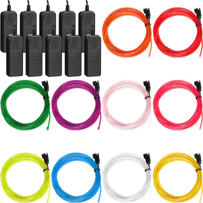 Hortsun 10ft EL Wire Neon Lights - Battery Powered, 15 Pack, Multi-Color (Red, Purple, White, Blue, Green, Yellow, Orange) - Model WA-Horts