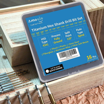 amoolo Hex Shank Drill Bit Set (13Pcs Set+3 Pcs Free), Premium 4341 HSS Titanium Impact Hex Drill Bits for Wood, Steel, Metal, Plastic, Quick Change Design (1/16 -1/4 )