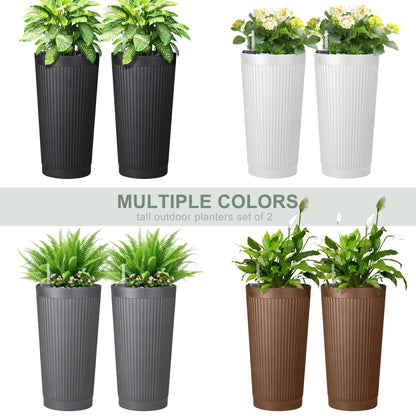 PolarcoForgeco Self Watering Tall Black Planters Outdoor Set of 2, 24” Flower Pots Planters for Outdoor Plants, Modern Plastic Tall Planter for Front Porch, with Drainage Hole (Ribbed)