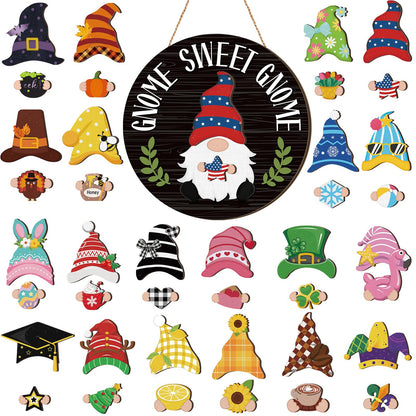 Wenqik 41 Pcs Interchangeable Gnome Signs Holiday Wooden Seasonal Gnome Decor 4th of July Independence Day Decor Detachable Magnet Hat and Hand Welcome Sign for Home Decoration(Classical,Black)