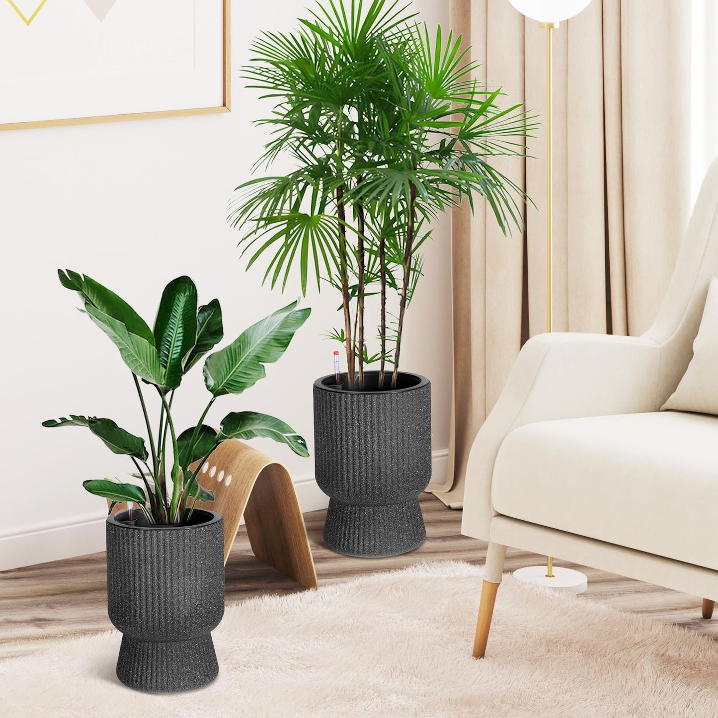 CABIHOME 14.2" Tall Planters, 2packs-Large Planter for Outdoor Plants, Flower Pots with Water Level Monitor, for Patio, Porch, Living Room, Home Office, for Outdoor & Indoor Plants, Classic Black