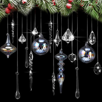Civaner 32 Pcs Christmas Crystal Ornaments Hanging Clear Glass Plastic Hanging Decor Christmas Icicle Drop Crystal Ornaments for Xmas Tree Winter New Year Party Supplies (Holographic)