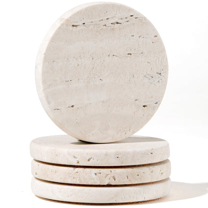 White Travertine Coasters - Set of 4 Round 4” Diameter Drink Marble Coasters for Housewarming Gift, Anniversary, Office - Protect Countertops from Stains - Sturdy and Durable Aesthetics