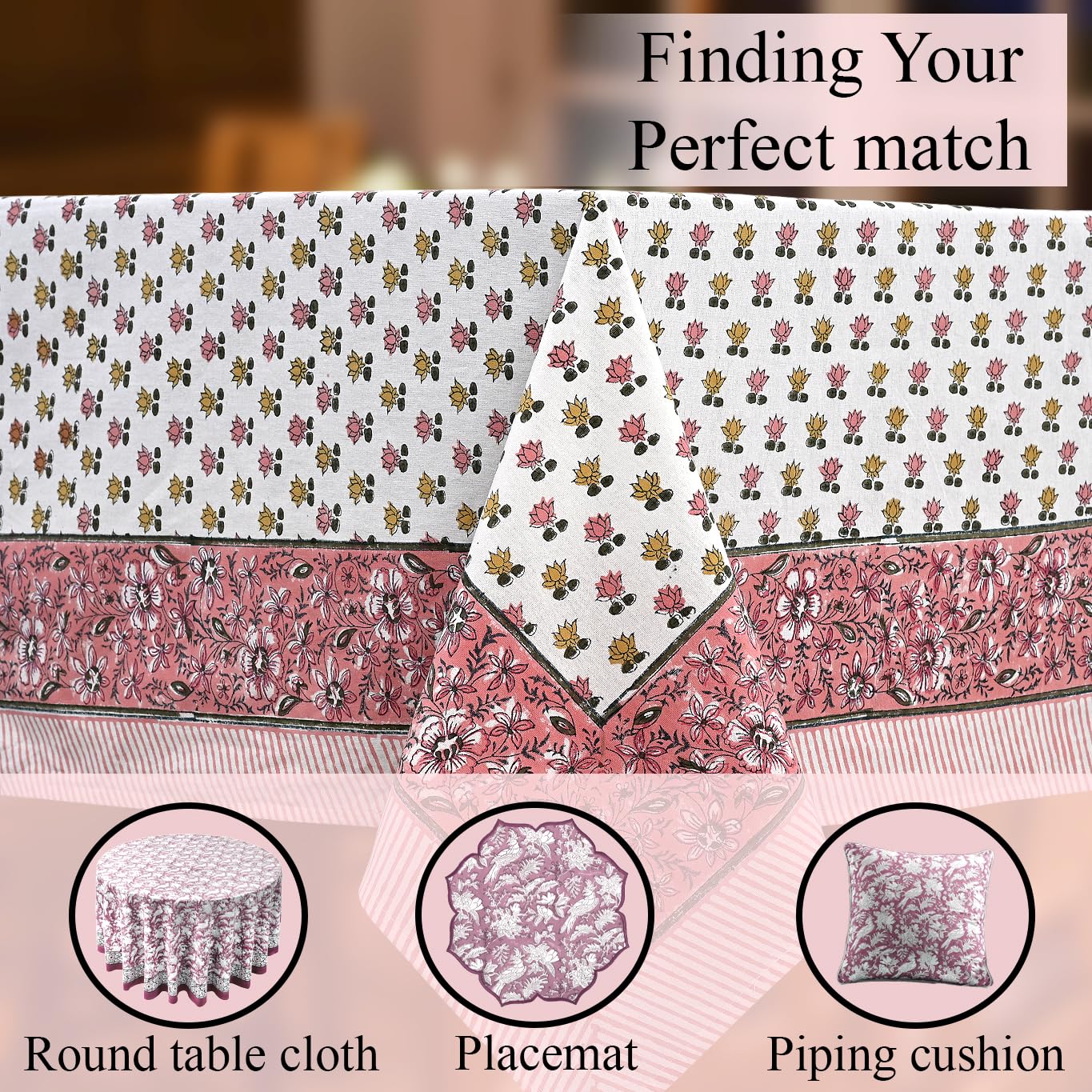 CPC Rosette Bloom Tablecloth 100% Cotton 60x60 Inch Indian Block Print Rectangle Table Cover, Table Cloth for Gifting in Weddings, Halloween, Fall, Christmas, Thanksgiving