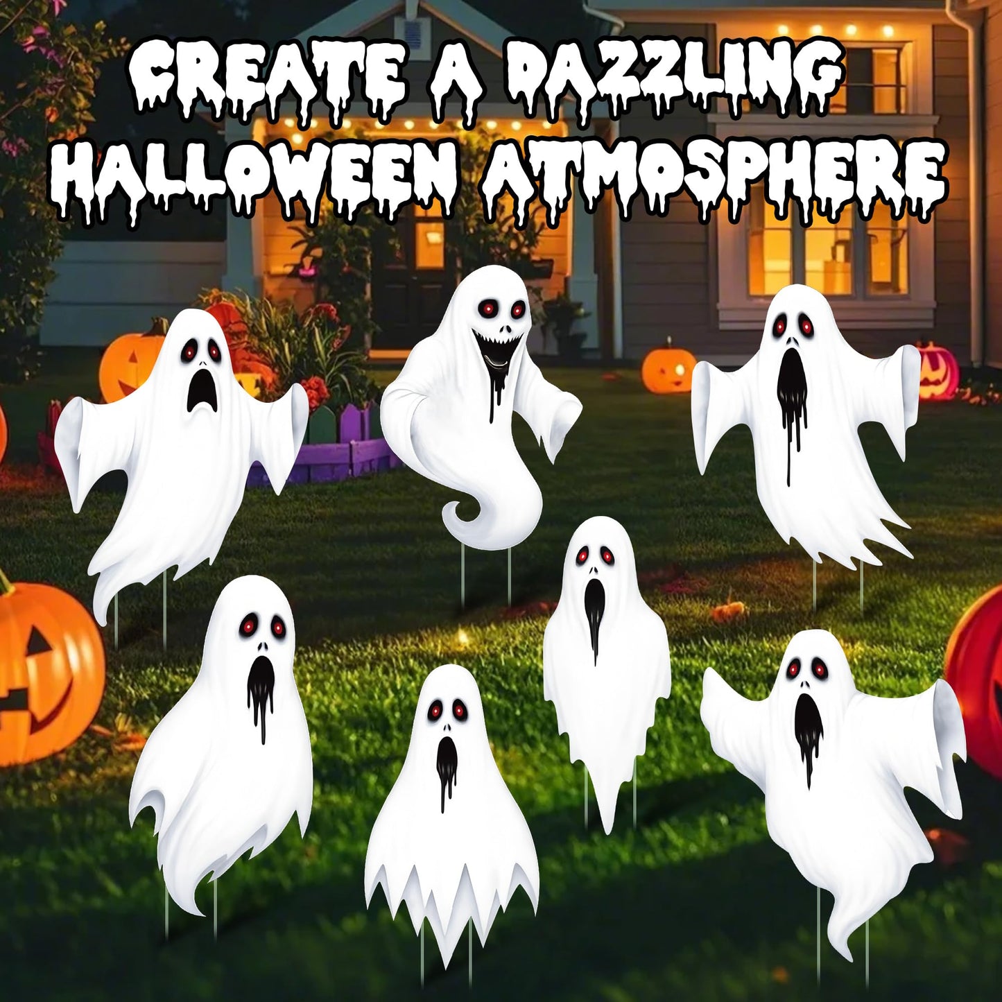 7 Pack Ghost Halloween Yard Signs, Large Halloween Yard Decorations with Stakes, Waterproof Scary Outdoor Holiday Ghost Decor for Yard Lawn Garden, 16” Big Size
